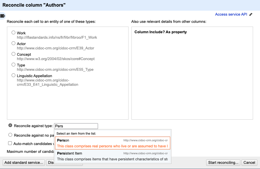 Example of reconciling against a type person, which will filter and give you results who belong to the type person. To filter, click the checkbox near the bottom third of the page labeled Reconcile against type and enter your desired type in the box to the right of it.